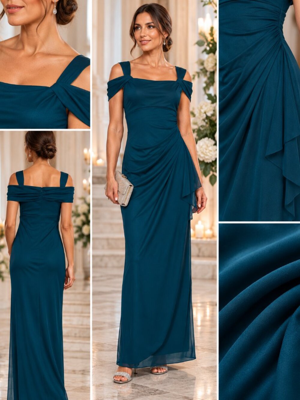 Alex Evenings Peacock Cold Shoulder Ruched Evening Gown 8P NWT